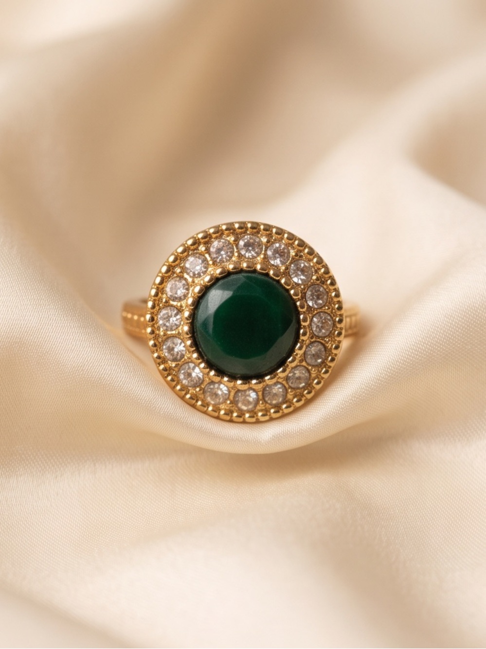 Gold-Tone Green Stone Halo Style Ring Size 6 NEW